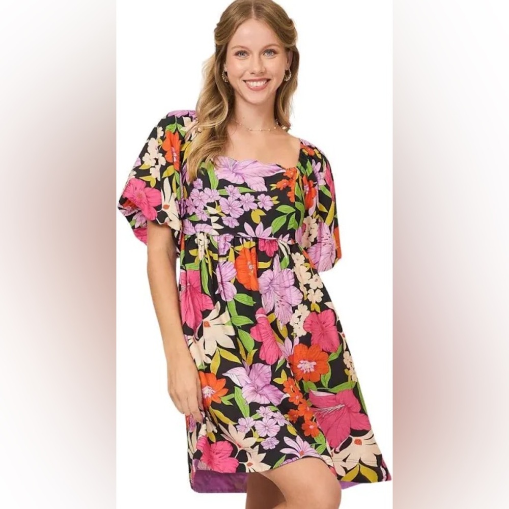 UMGEE Floral Print Dress With Scalloped Necklinestyle Floral Multicolor Dress